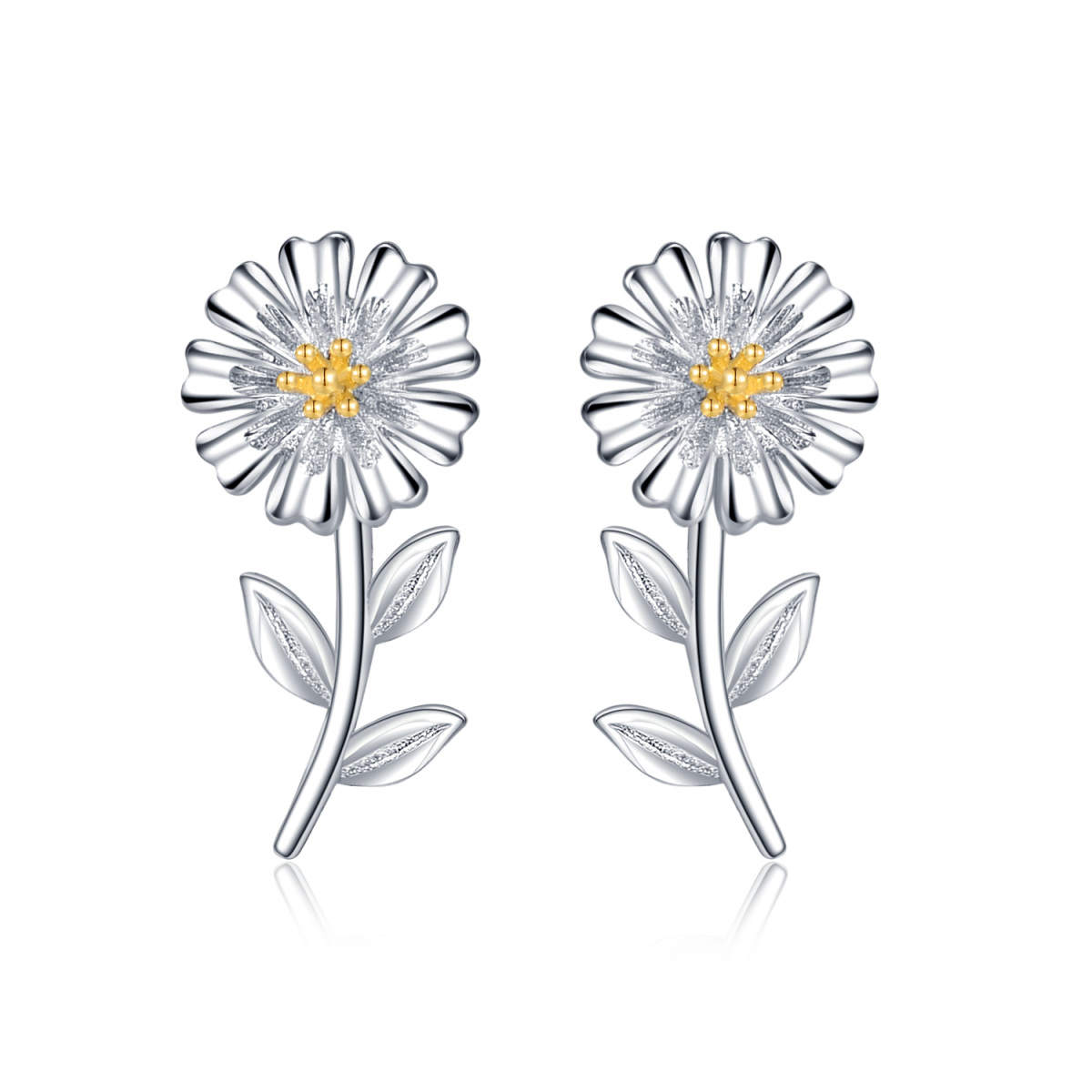 Sterling Silver Two-tone Daisy Flower Stud Earrings-1