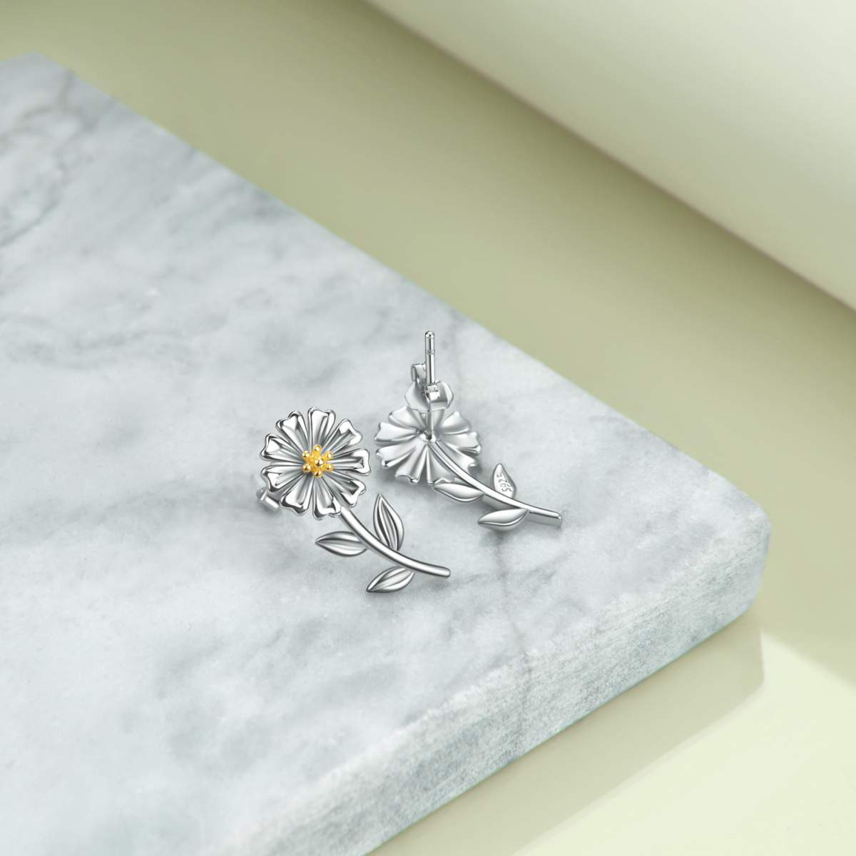 Sterling Silver Two-tone Daisy Stud Earrings-4