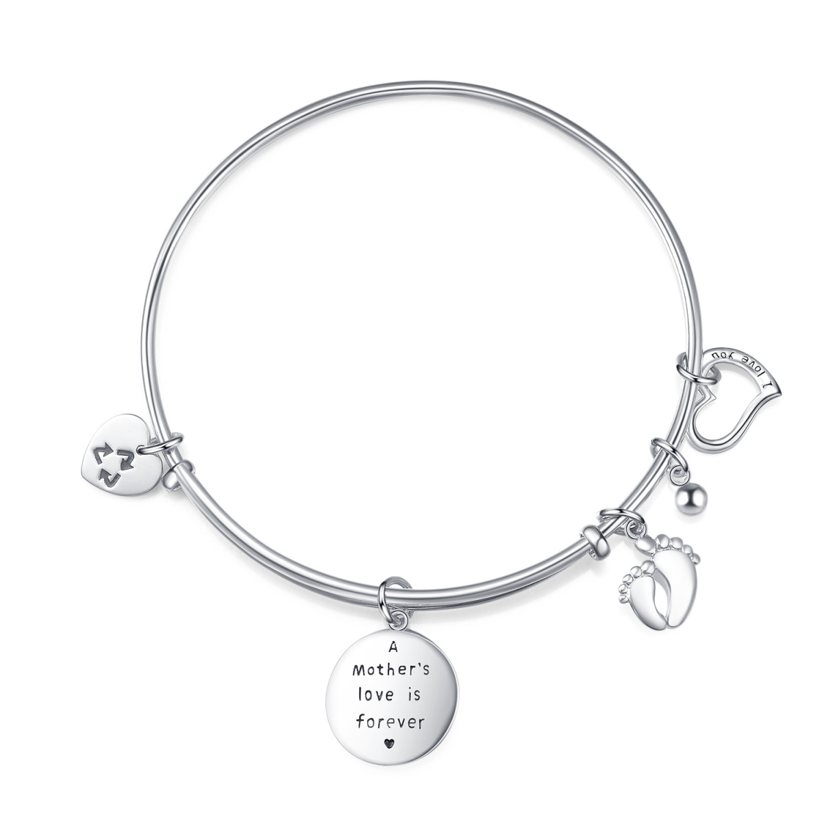 Sterling Silver Feet & Heart Pendant Bangle with Engraved Word-1