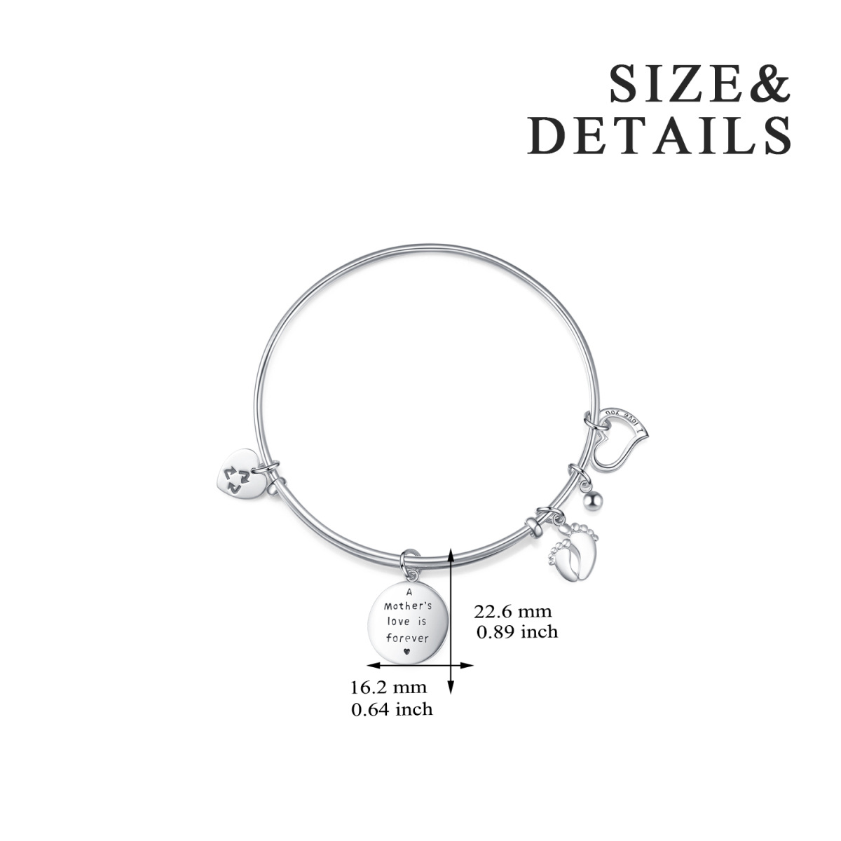 Sterling Silver Feet & Heart Pendant Bangle with Engraved Word-5