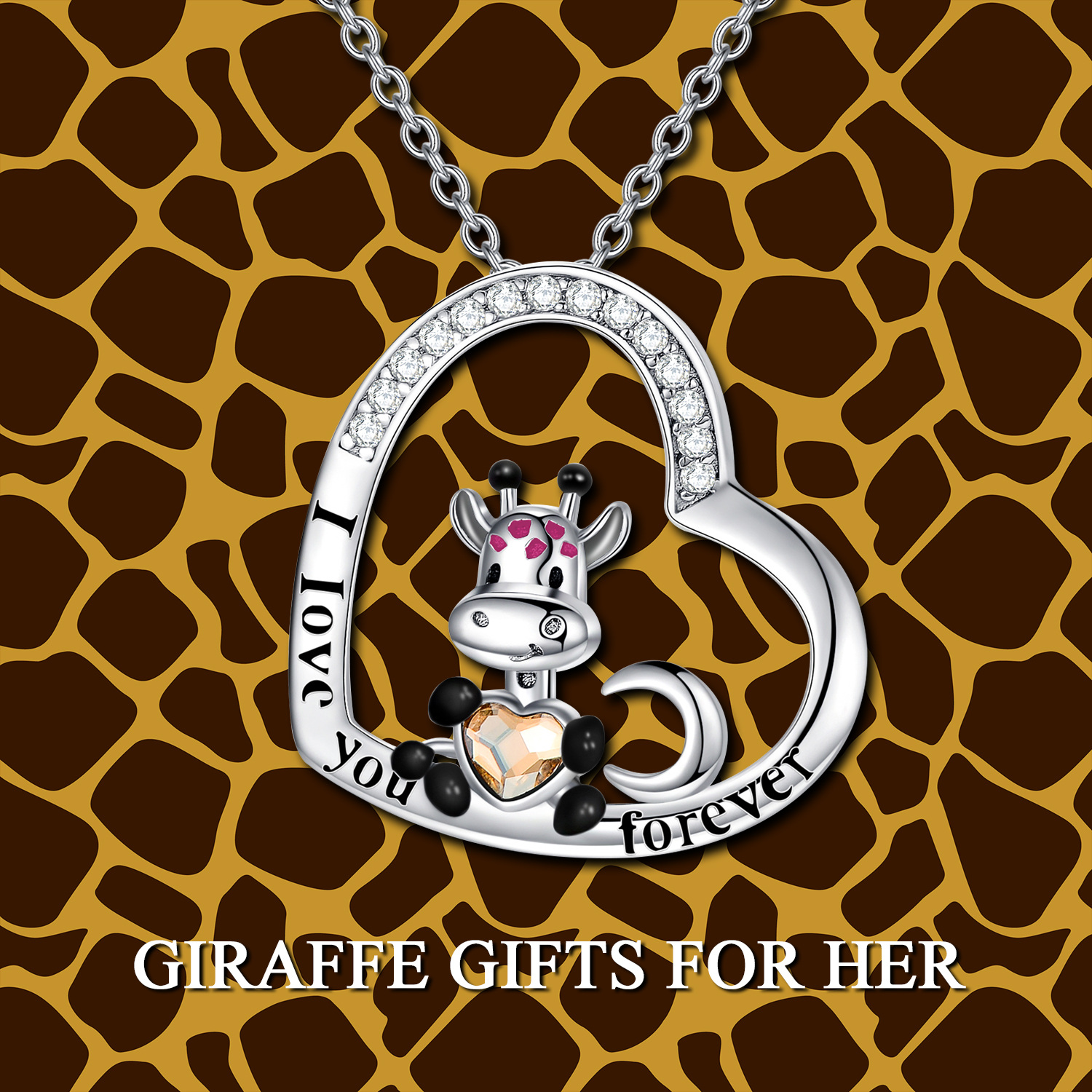 FREE US SHIPPING | Sterling Silver Cute Giraffe Crescent Moon Heart Pendant