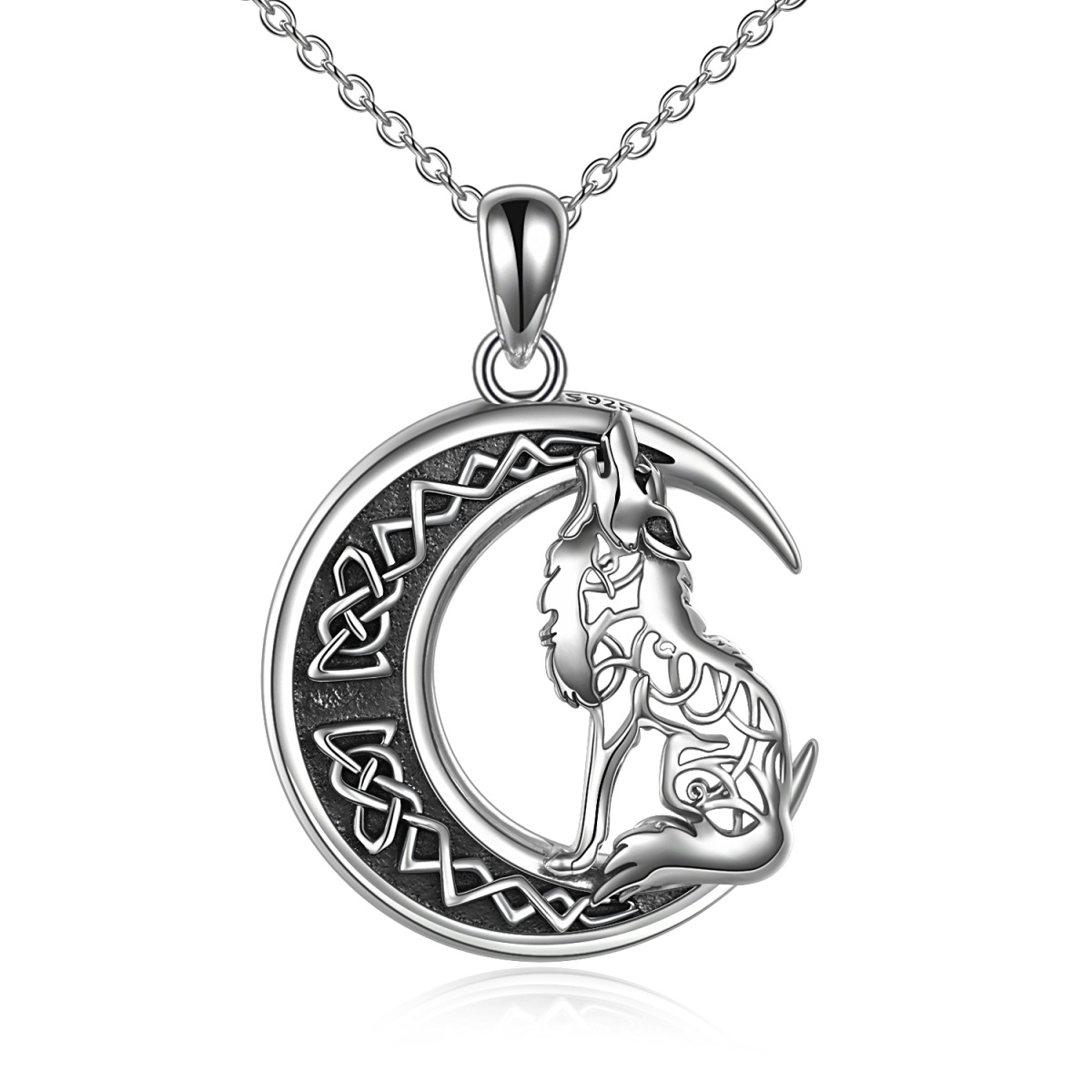 Sterling Silver Wolf & Moon Pendant Necklace-1