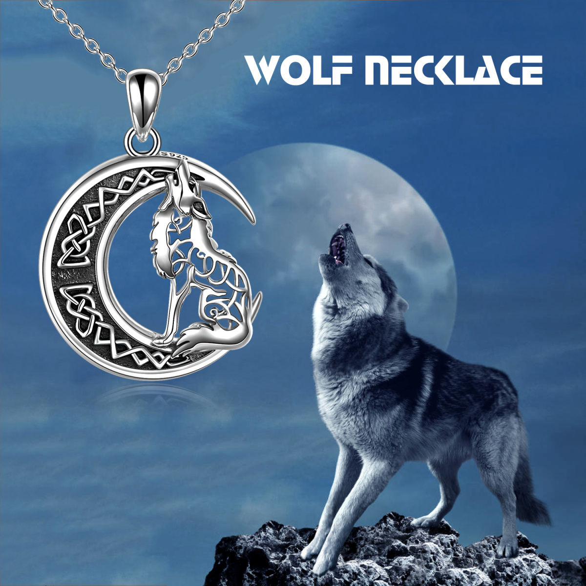 Sterling Silver Wolf & Moon Pendant Necklace-5