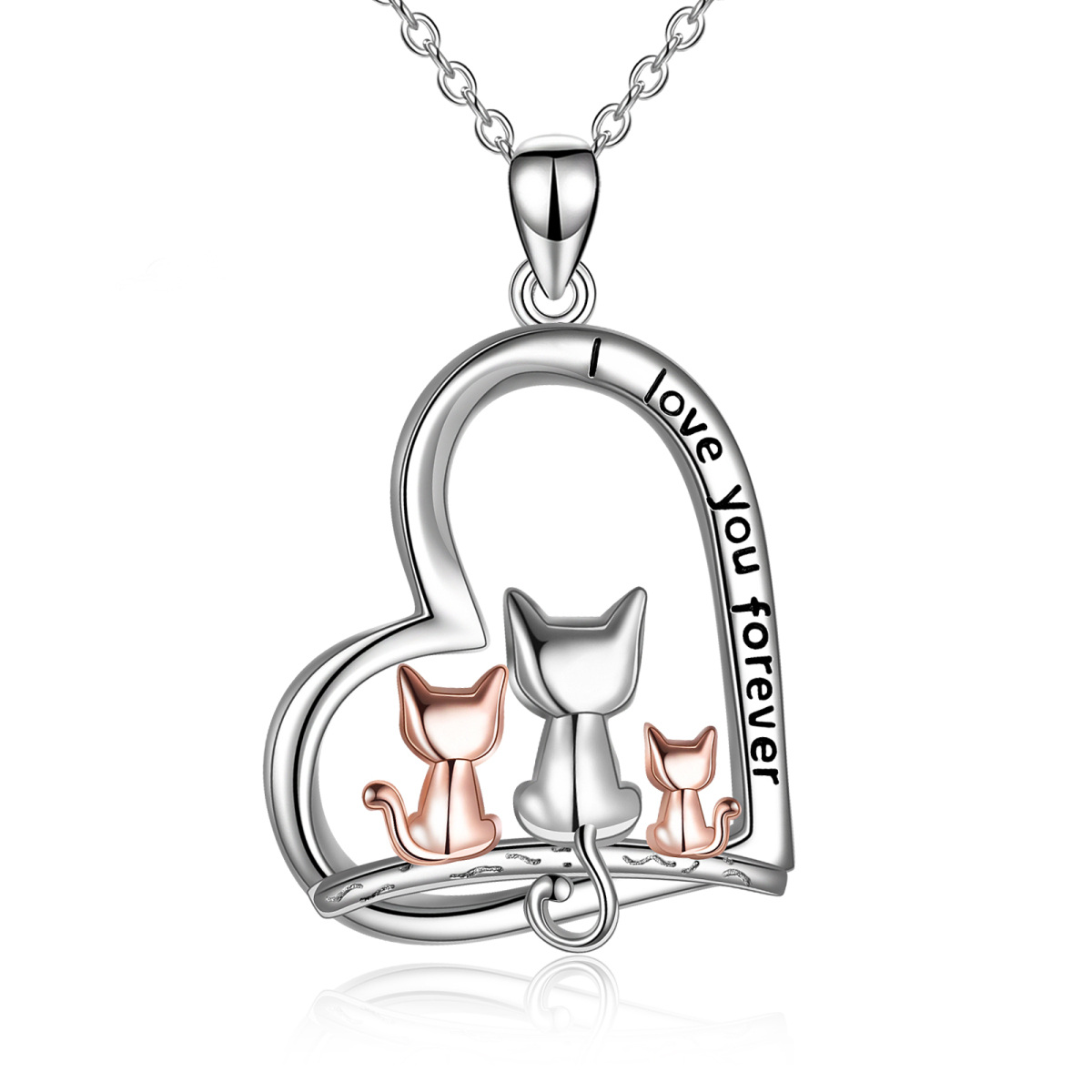 Collar Colgante Gato y Corazón en Plata de Ley Bicolor con Palabra Grabada-1