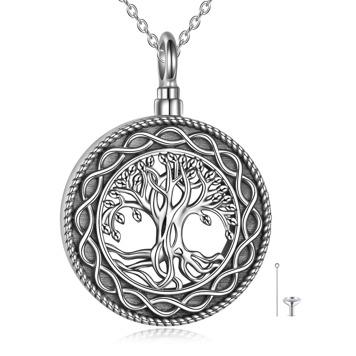 Collar de plata de ley Árbol de la vida y urna con símbolo del infinito para cenizas-1