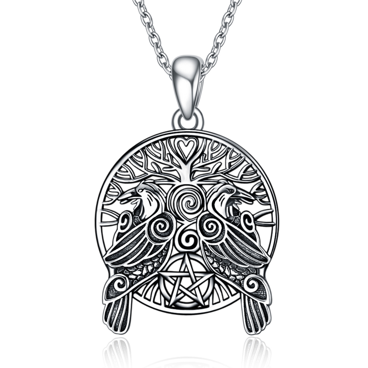 Sterling Silver Raven & Tree Of Life & Pentagram Pendant Necklace-1