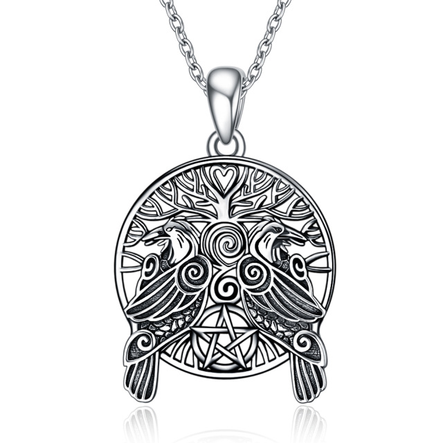 Sterling Silver Raven & Tree Of Life & Pentagram Pendant Necklace-0