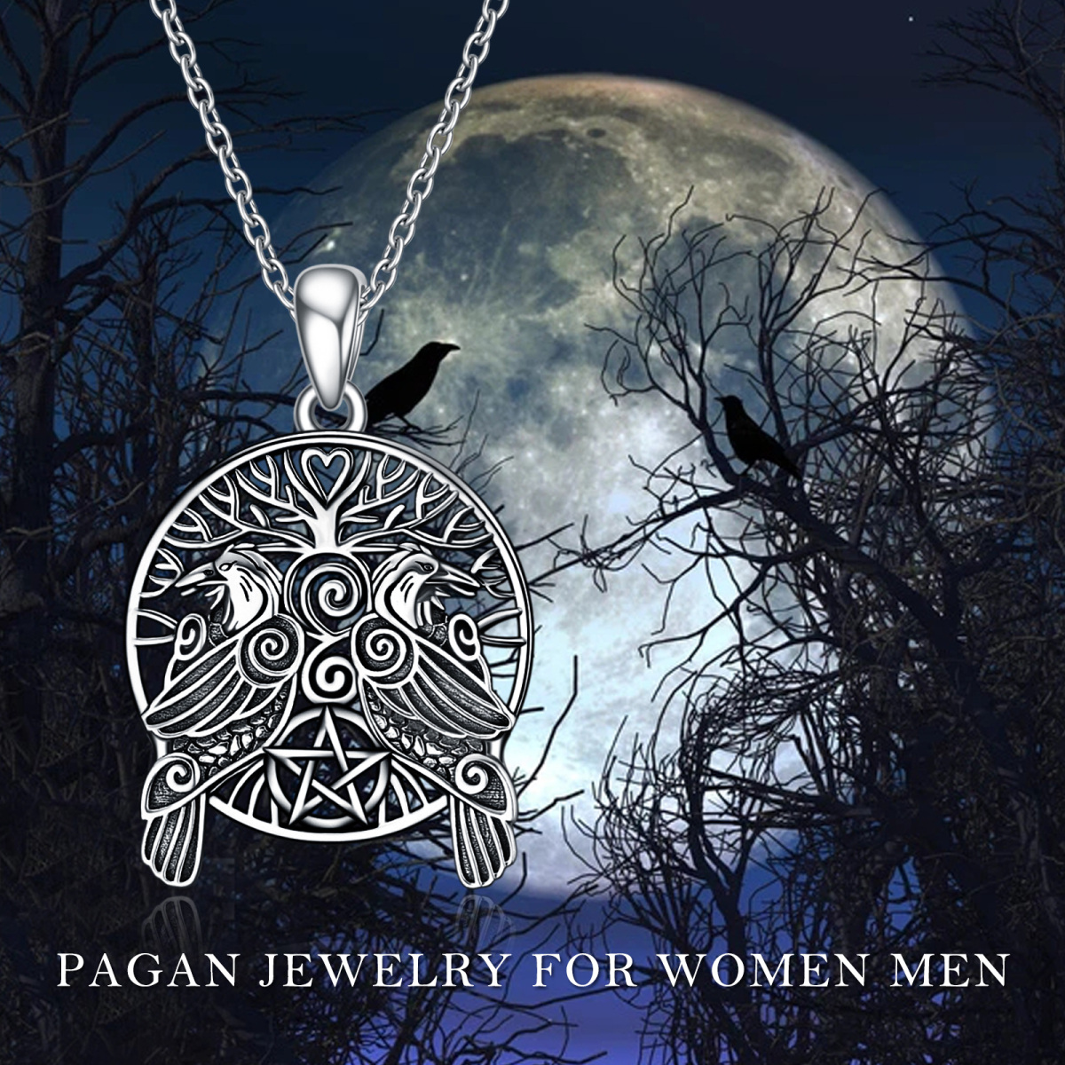 Sterling Silver Raven & Tree Of Life & Pentagram Pendant Necklace-7