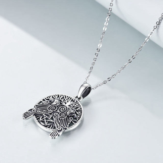 Sterling Silver Raven & Tree Of Life & Pentagram Pendant Necklace-4