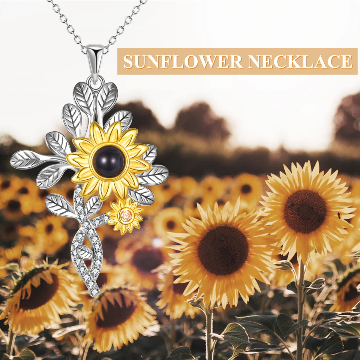 Sterling Silver Projection Stone Sunflower Pendant Necklace-6