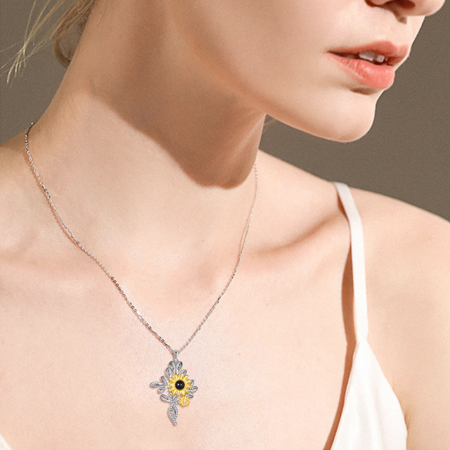 Sterling Silver Projection Stone Sunflower Pendant Necklace-1