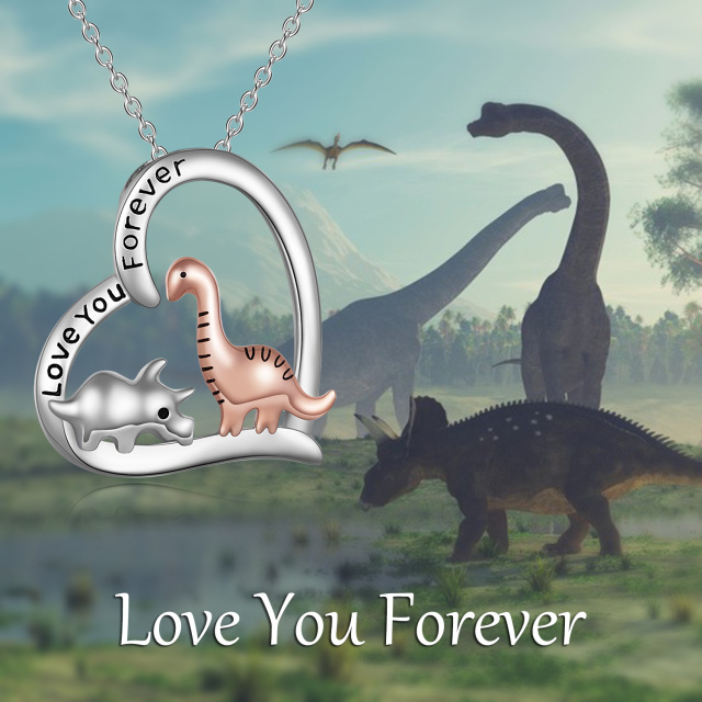 Sterling Silver Two-tone Dinosaur & Heart Pendant Necklace with Engraved Word-4
