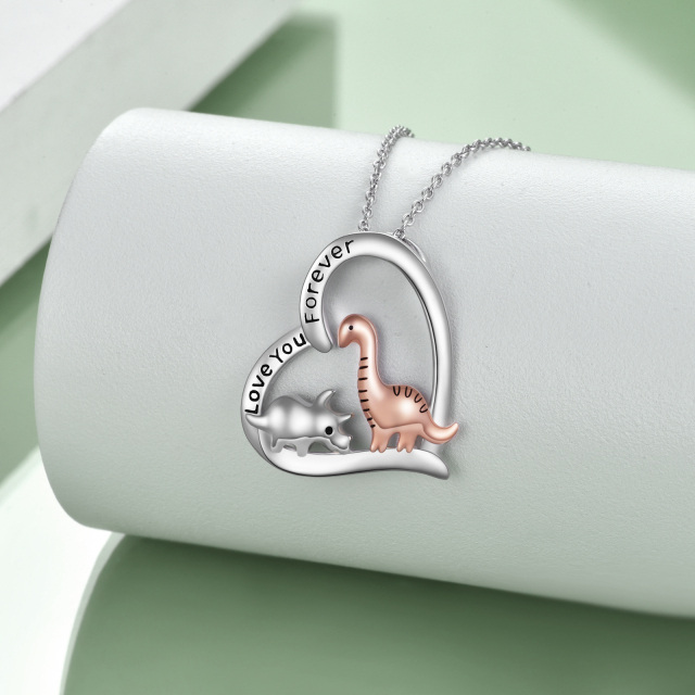Sterling Silver Two-tone Dinosaur & Heart Pendant Necklace with Engraved Word-2