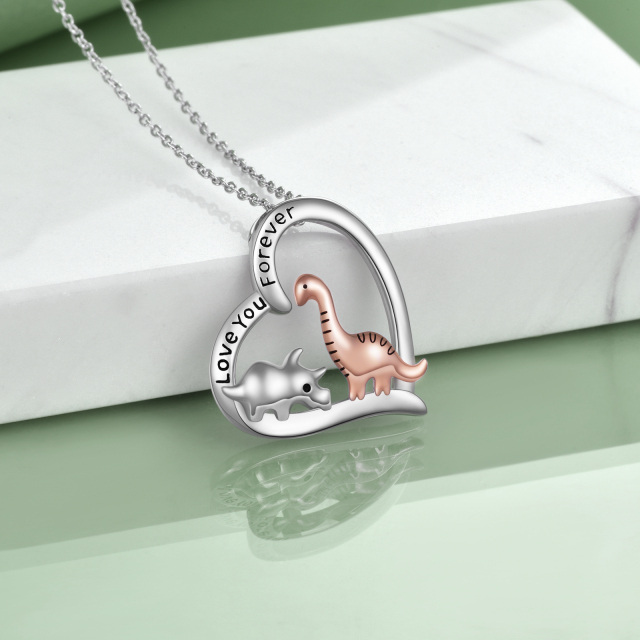 Sterling Silver Two-tone Dinosaur & Heart Pendant Necklace with Engraved Word-3