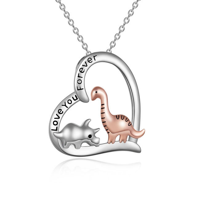 Sterling Silver Two-tone Dinosaur & Heart Pendant Necklace with Engraved Word-0