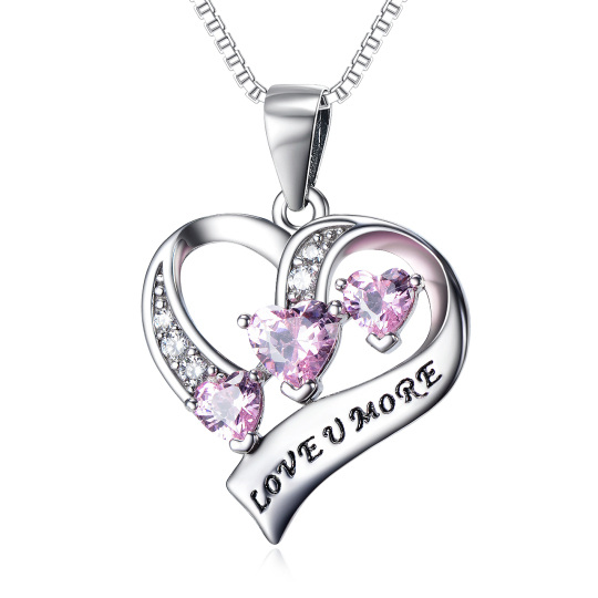 Sterling Silver Love You More Heart Pendant Necklace with Pink Cubic Zirconial Jewelry