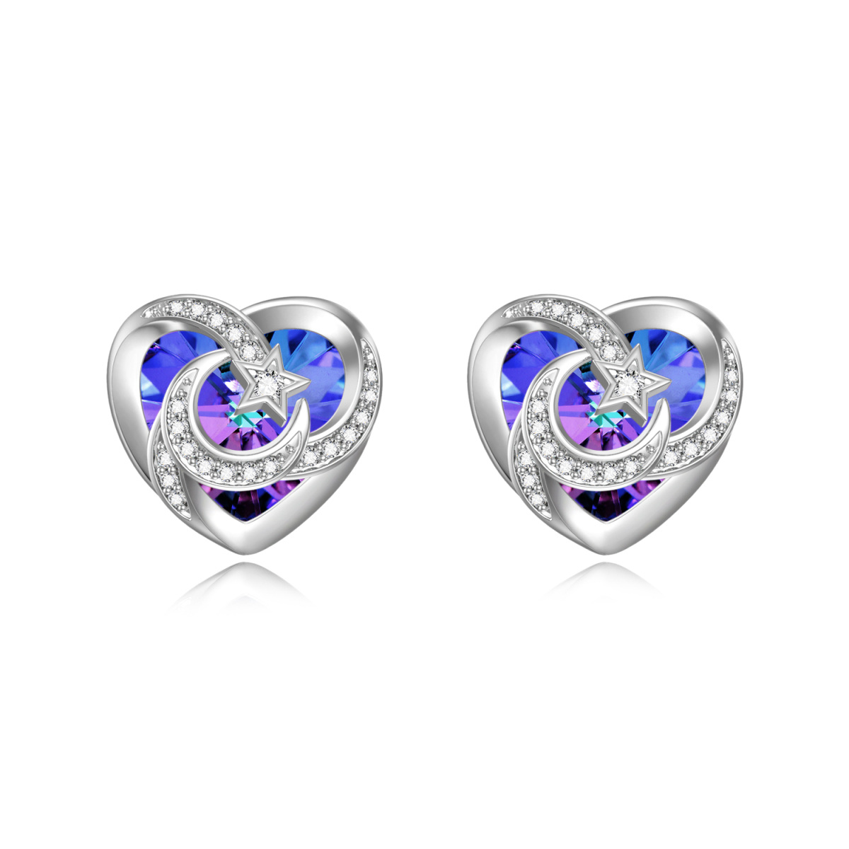 Sterling Silver Heart Shaped Crystal Heart & Moon & Star Stud Earrings-1
