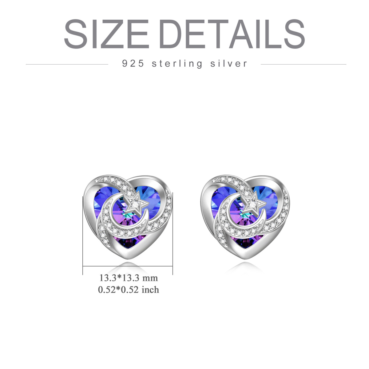 Sterling Silver Heart Shaped Crystal Heart & Moon & Star Stud Earrings-4