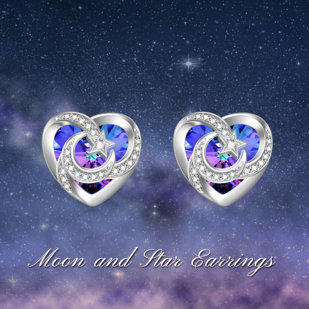 Sterling Silver Heart Shaped Crystal Heart & Moon & Star Stud Earrings-5