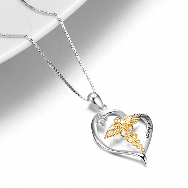 Sterling Silver Two-tone Circular Shaped Cubic Zirconia Caduceus & Heart Pendant Necklace with Engraved Word-3