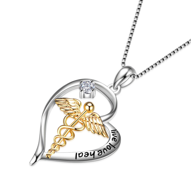 Sterling Silver Two-tone Circular Shaped Cubic Zirconia Caduceus & Heart Pendant Necklace with Engraved Word-2