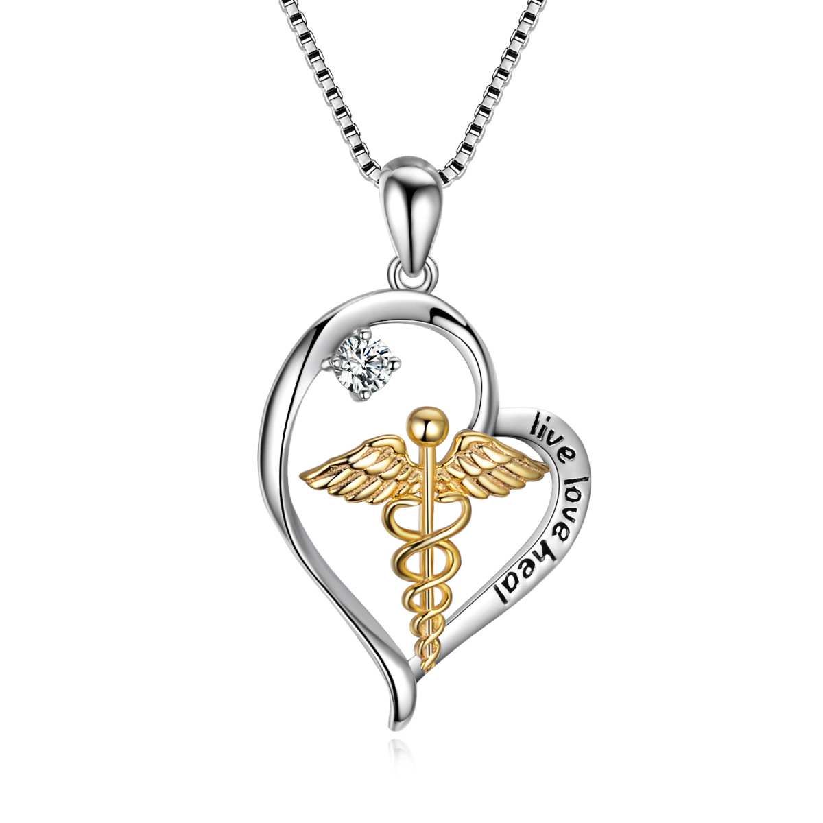 Sterling Silver Two-tone Circular Shaped Cubic Zirconia Caduceus & Heart Pendant Necklace with Engraved Word-1