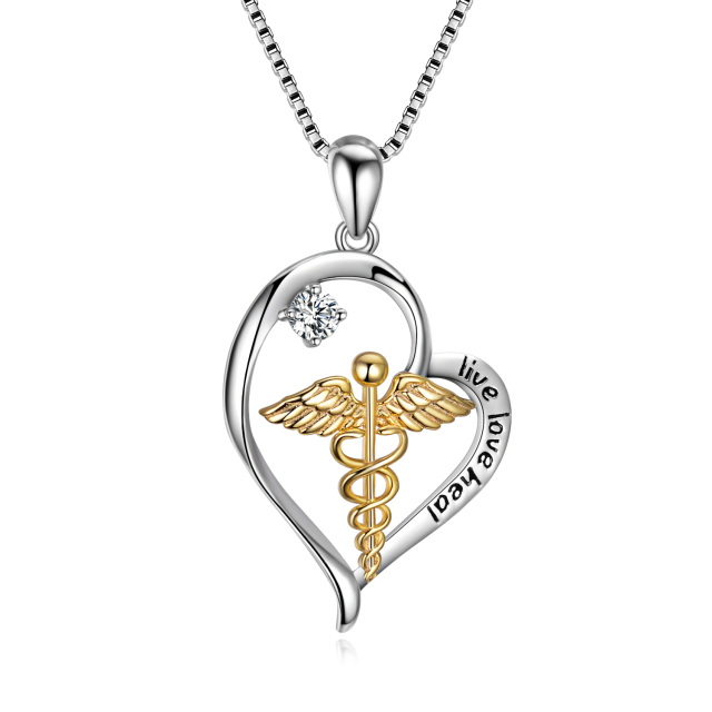 Sterling Silver Two-tone Circular Shaped Cubic Zirconia Caduceus & Heart Pendant Necklace with Engraved Word-0