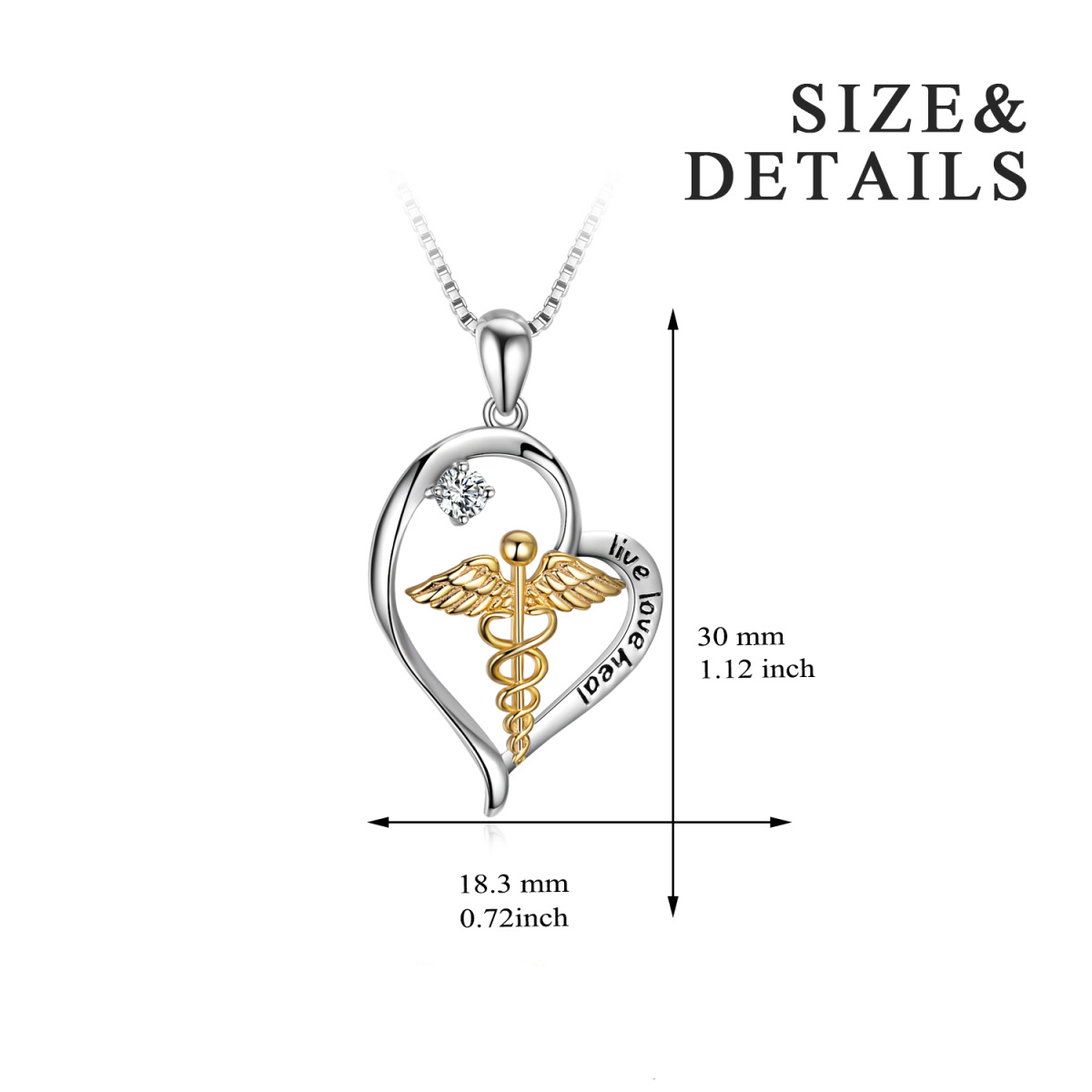 Sterling Silver Two-tone Circular Shaped Cubic Zirconia Caduceus & Heart Pendant Necklace with Engraved Word-5