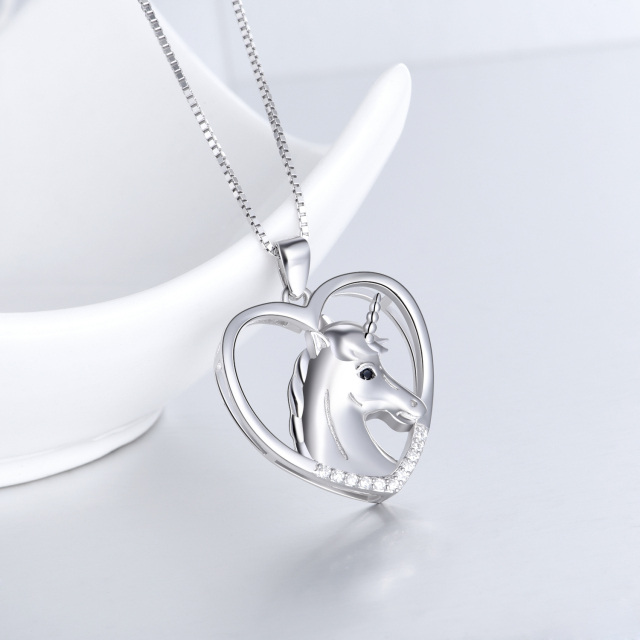 Sterling Silver Cubic Zirconia Heart & Unicorn Pendant Necklace-2