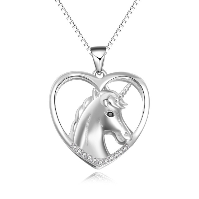 Sterling Silver Cubic Zirconia Heart & Unicorn Pendant Necklace-0