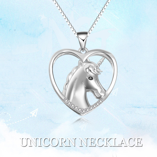 Sterling Silver Cubic Zirconia Heart & Unicorn Pendant Necklace-4