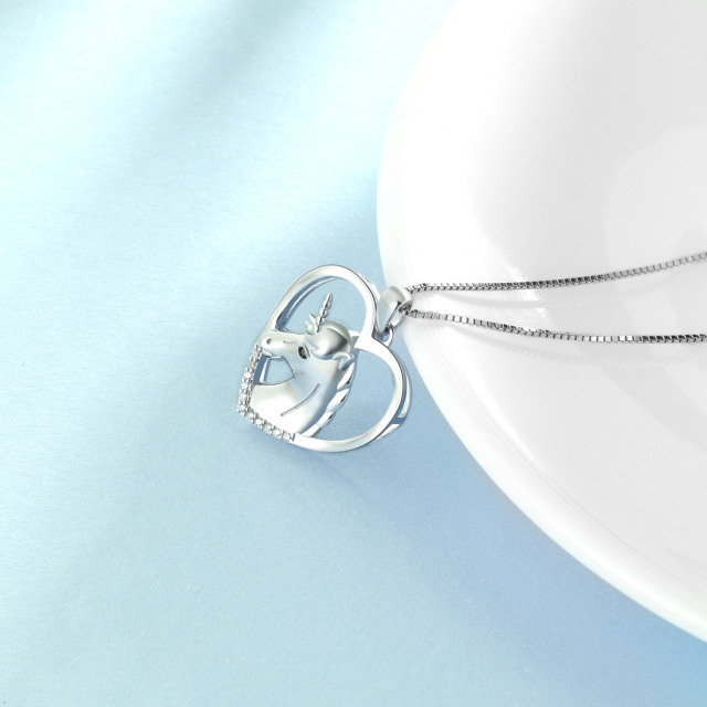 Sterling Silver Cubic Zirconia Heart & Unicorn Pendant Necklace-3