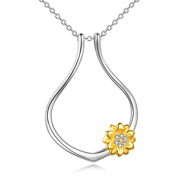 Sterling Silber zweifarbig Sonnenblume Ring Halter Anhänger Halskette-0