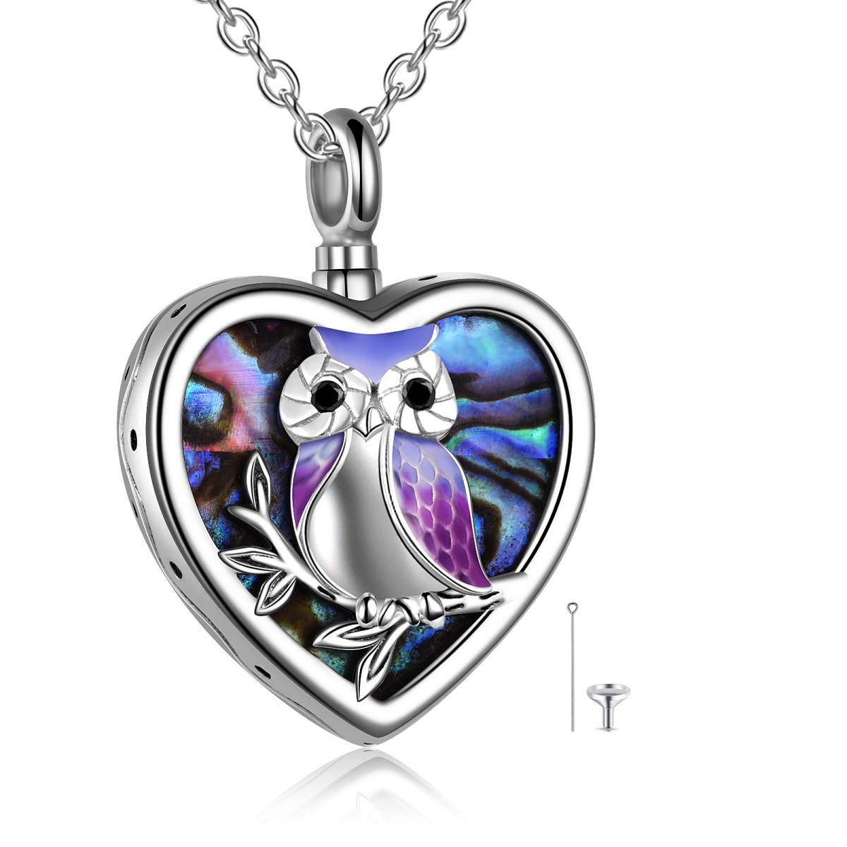 Sterling Silver Heart Shaped Abalone Shellfish Owl & Heart Urn Necklace for Ashes-1