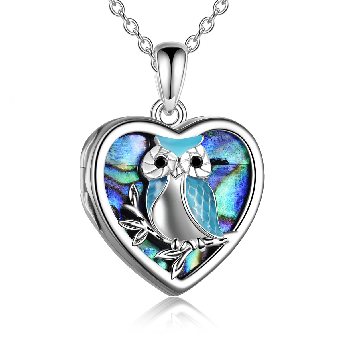 Plata de ley Abalone Shellfish Owl Heart Personalized Photo Locket Necklace-1