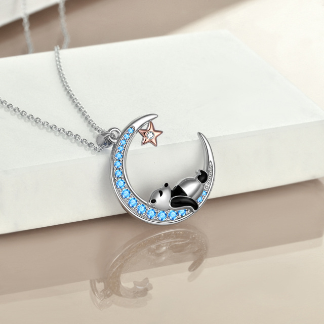 Sterling Silver Two-tone Cubic Zirconia Panda & Moon & Star Pendant Necklace-3