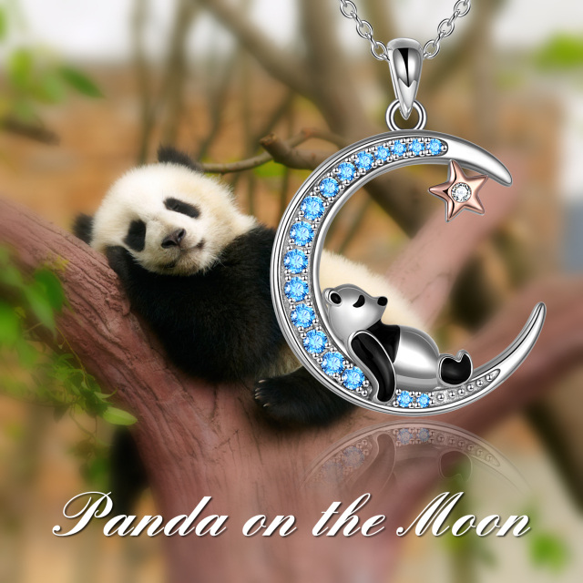 Sterling Silver Two-tone Cubic Zirconia Panda & Moon & Star Pendant Necklace-4
