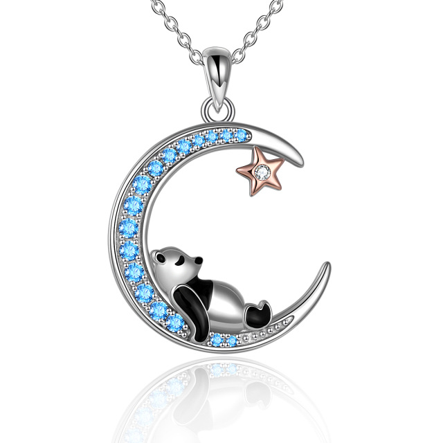 Sterling Silver Two-tone Cubic Zirconia Panda & Moon & Star Pendant Necklace-5