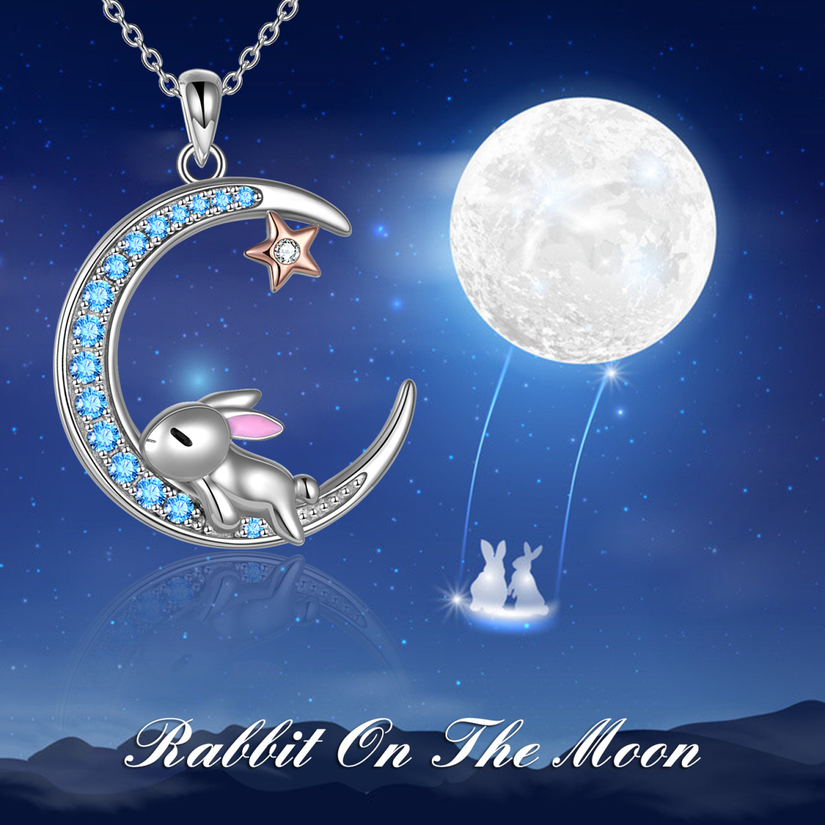 Sterling Silver Two-tone Circular Shaped Cubic Zirconia Rabbit & Moon Pendant Necklace-6