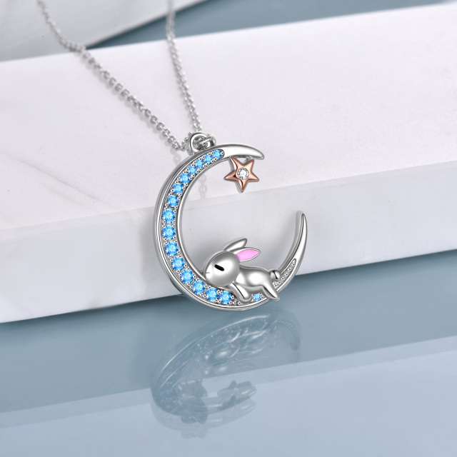 Sterling Silver Two-tone Circular Shaped Cubic Zirconia Rabbit & Moon Pendant Necklace-3