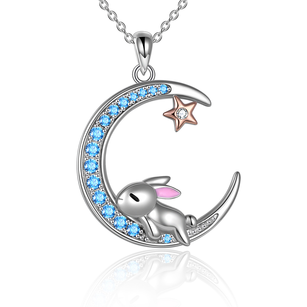Sterling Silver Two-tone Circular Shaped Cubic Zirconia Rabbit & Moon Pendant Necklace-1