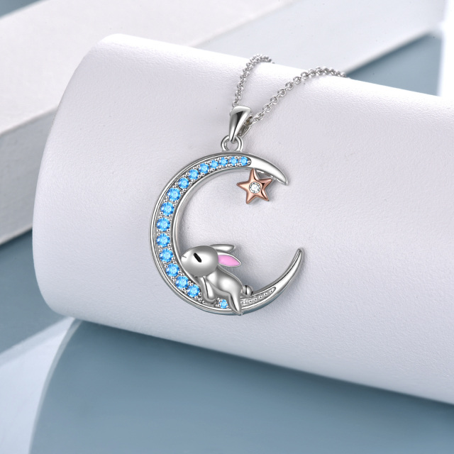 Sterling Silver Two-tone Circular Shaped Cubic Zirconia Rabbit & Moon Pendant Necklace-2