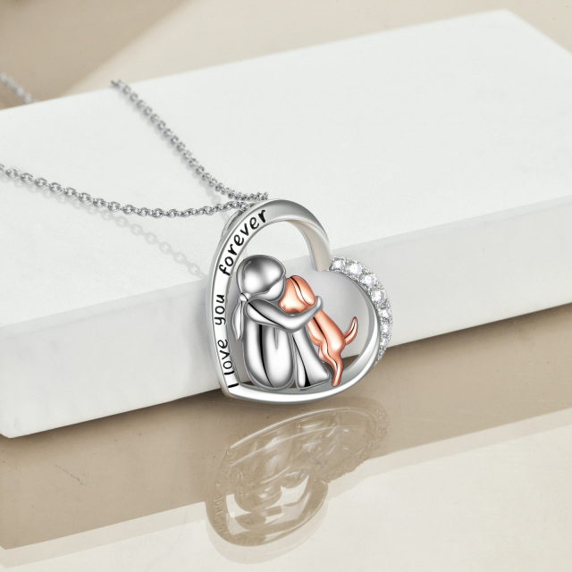 Sterling Silver Two-tone Cubic Zirconia Girl Hugs Dog Heart Pendant Necklace with Engraved Word-4