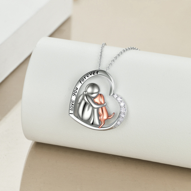 Sterling Silver Two-tone Cubic Zirconia Girl Hugs Dog Heart Pendant Necklace with Engraved Word-3