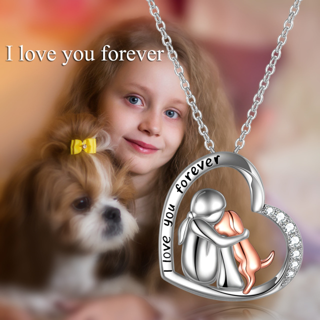 Sterling Silver Two-tone Cubic Zirconia Girl Hugs Dog Heart Pendant Necklace with Engraved Word-1