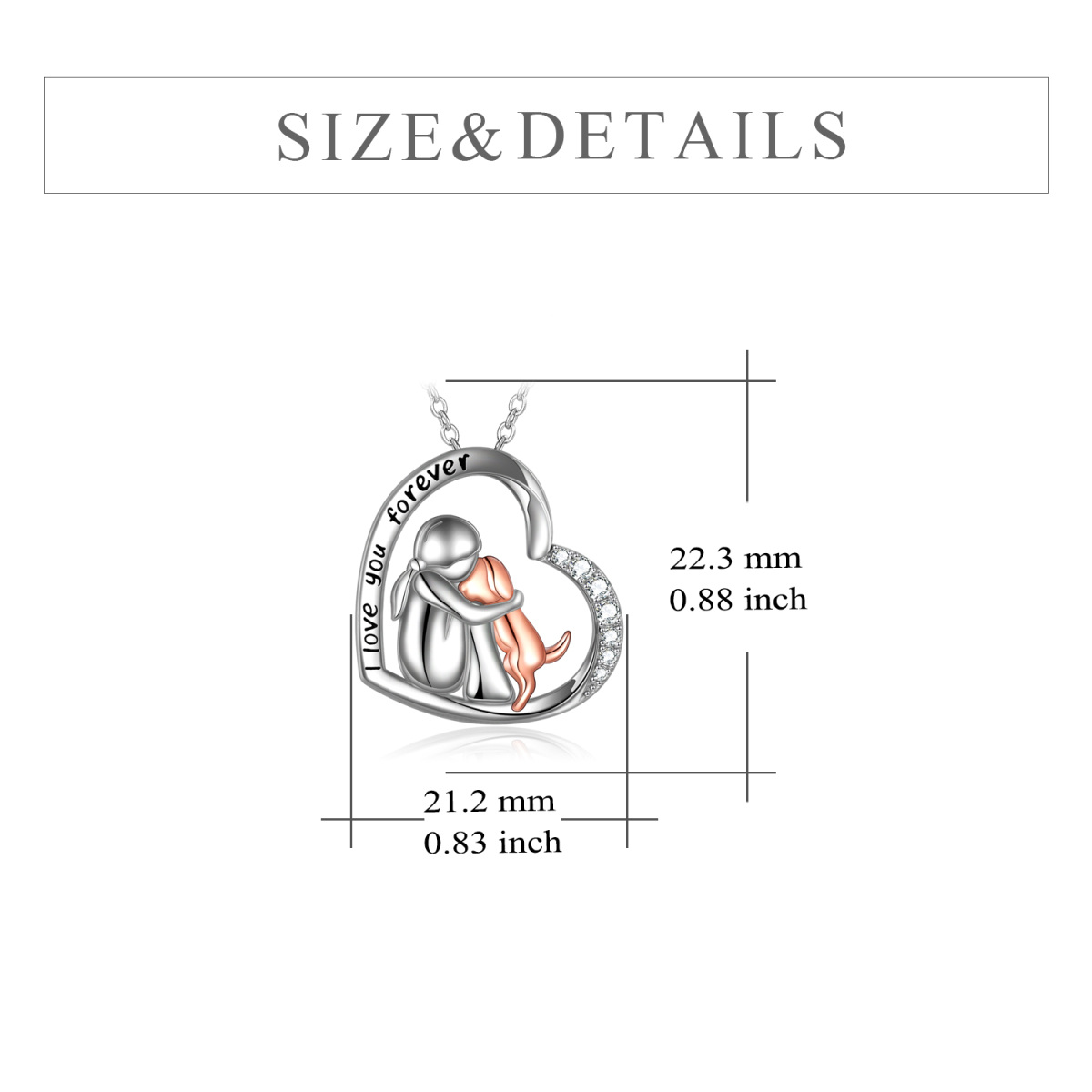 Sterling Silver Two-tone Cubic Zirconia Girl Hugs Dog Heart Pendant Necklace with Engraved Word-7