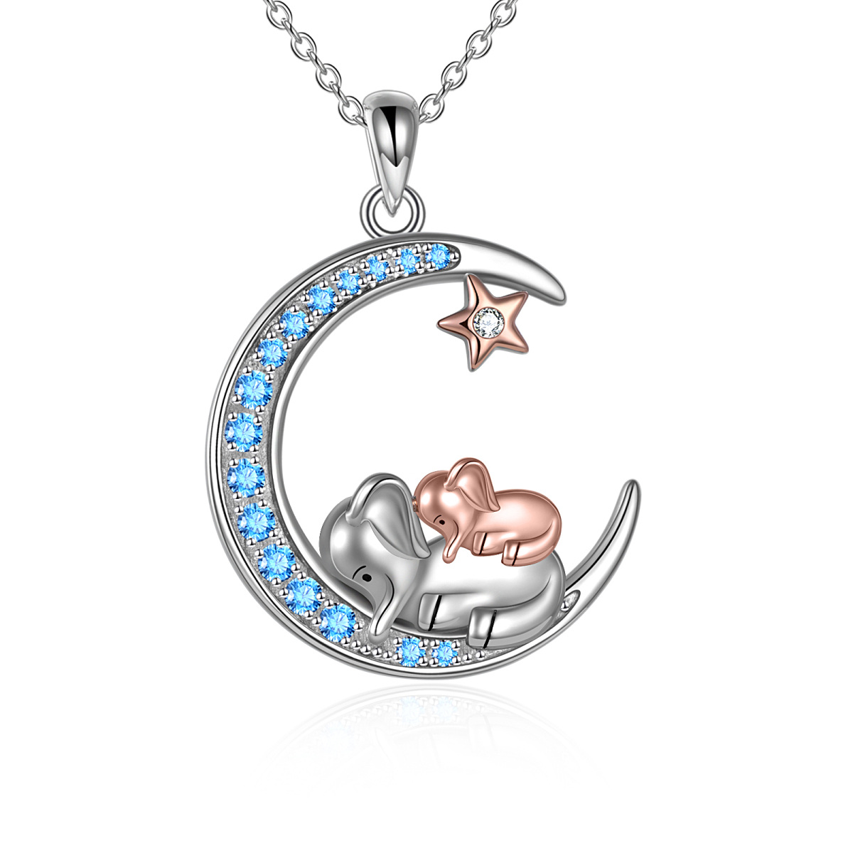 Sterling Silver Two-tone Circular Shaped Zircon Elephant & Moon & Star Pendant Necklace-1