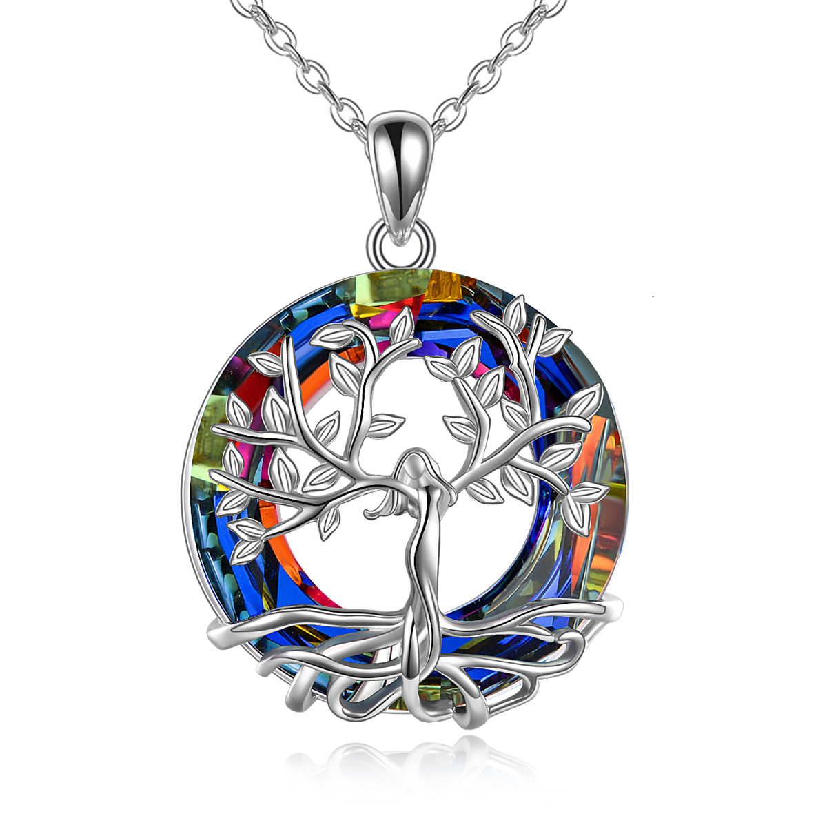 Sterling Silver Circular Shaped Tree Of Life Crystal Pendant Necklace-1