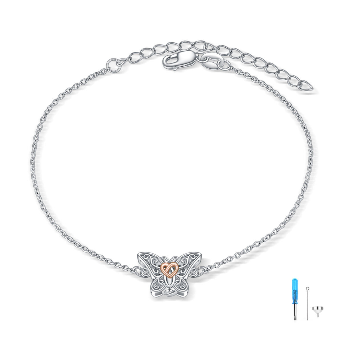 Bracelet d'urne pour cendres en argent sterling bicolore avec papillon et nœud celtique-1