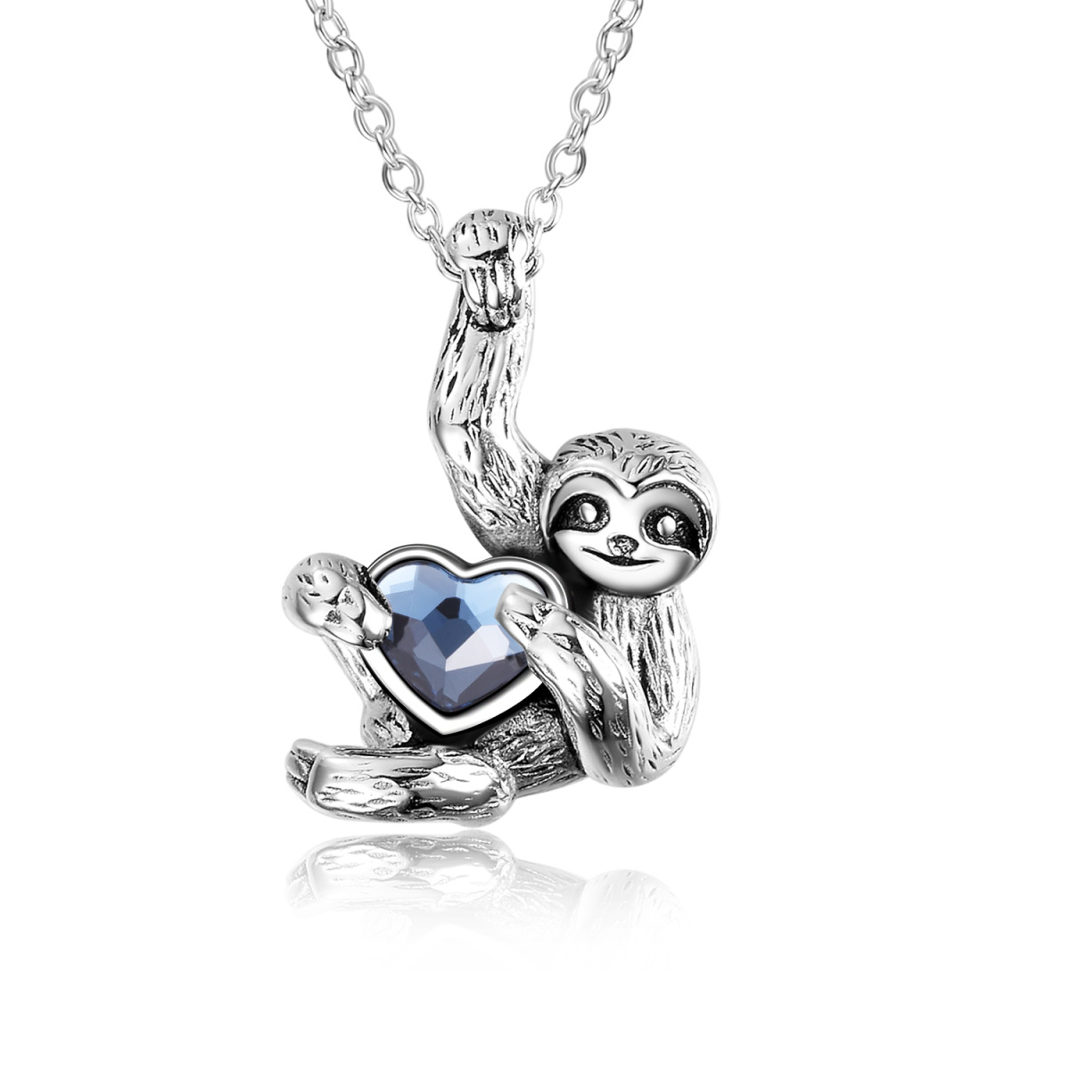 Sterling Silver Heart Shaped Blue Crystal Sloth Pendant Necklace-1